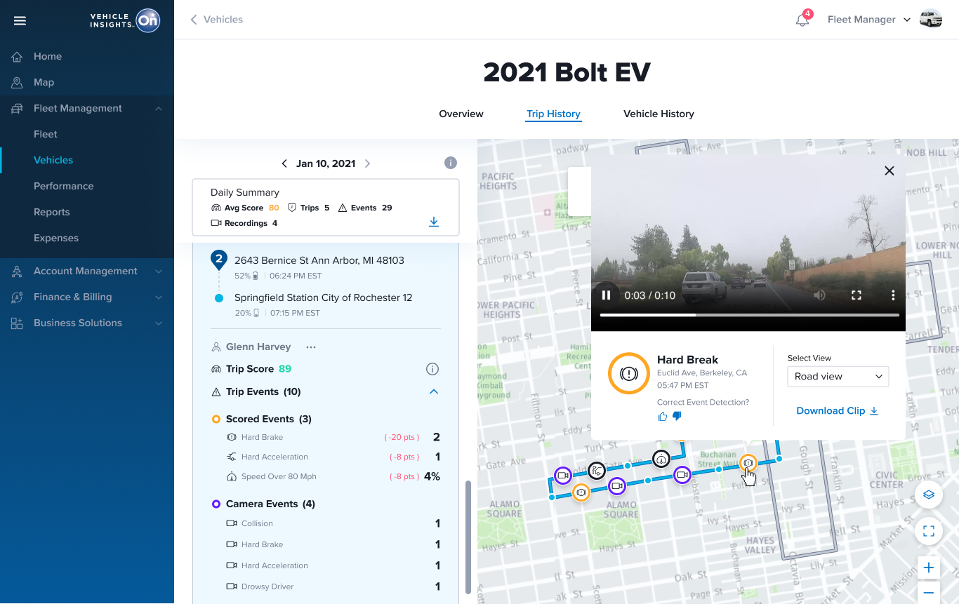 OnStar Vehicle Insights Trip History showing an automatically captured Hard Brake camera event with the road-view clip playing