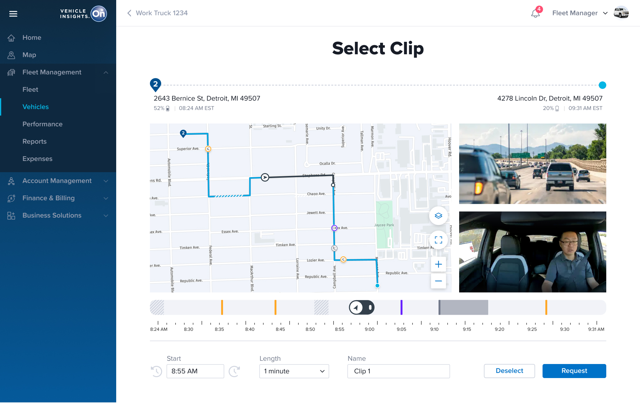 OnStar Vehicle Insights Select Clip screen for Work Truck 1234 with the trip map and both road-facing and in-cabin camera previews loaded
