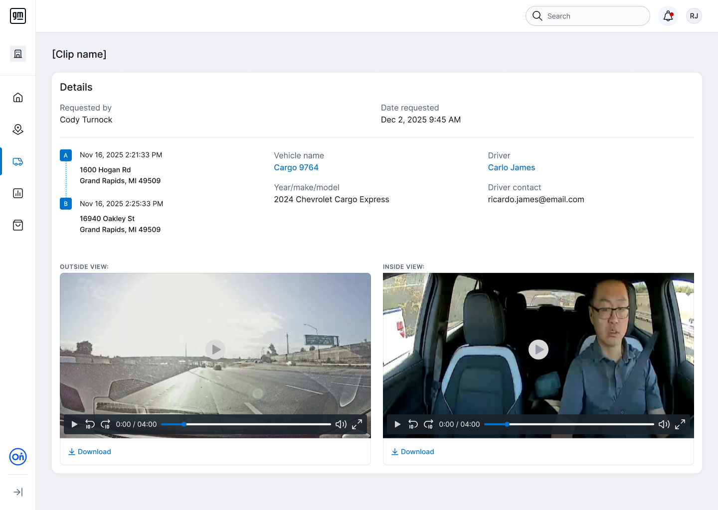 Clip details page with outside and inside camera views