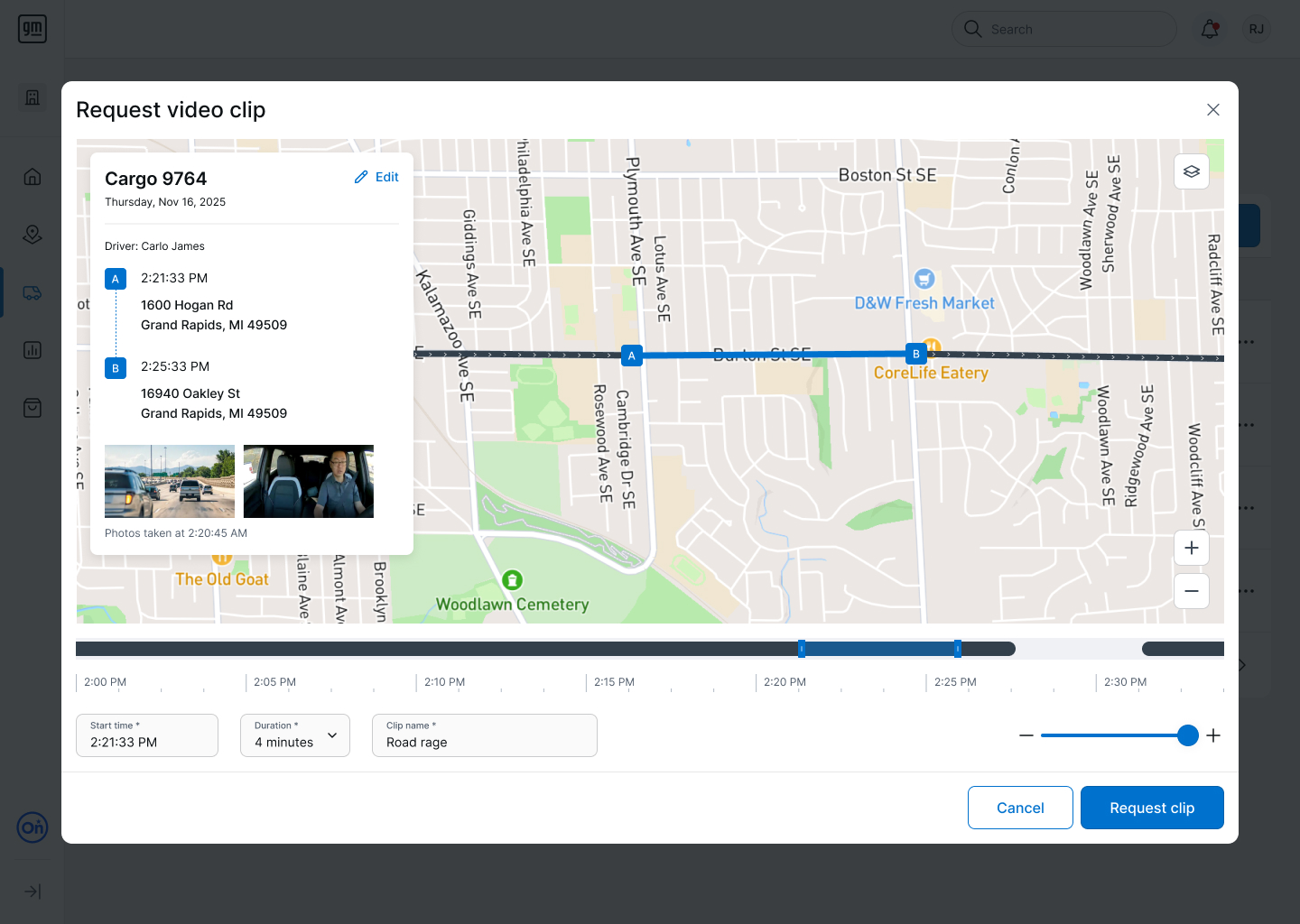 Request video clip modal with trip photos and clip details filled in