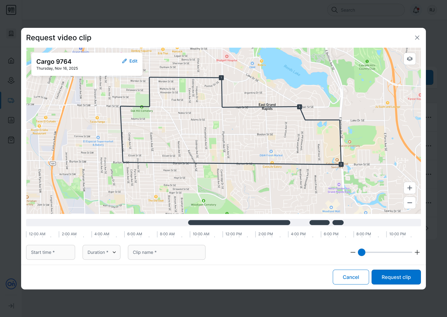 Request video clip modal with a trip route drawn on the map