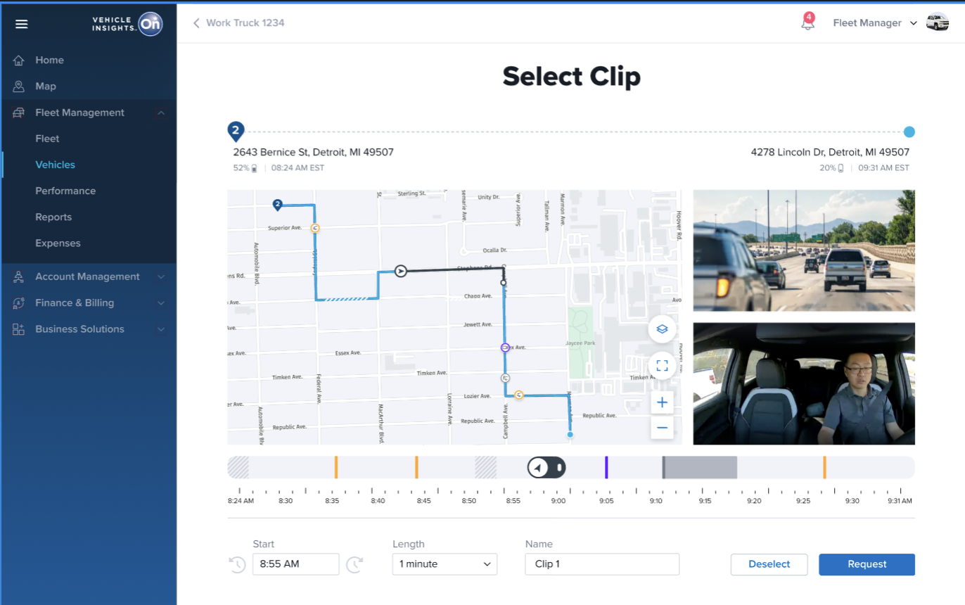 Select Clip screen with road and in-cabin camera previews