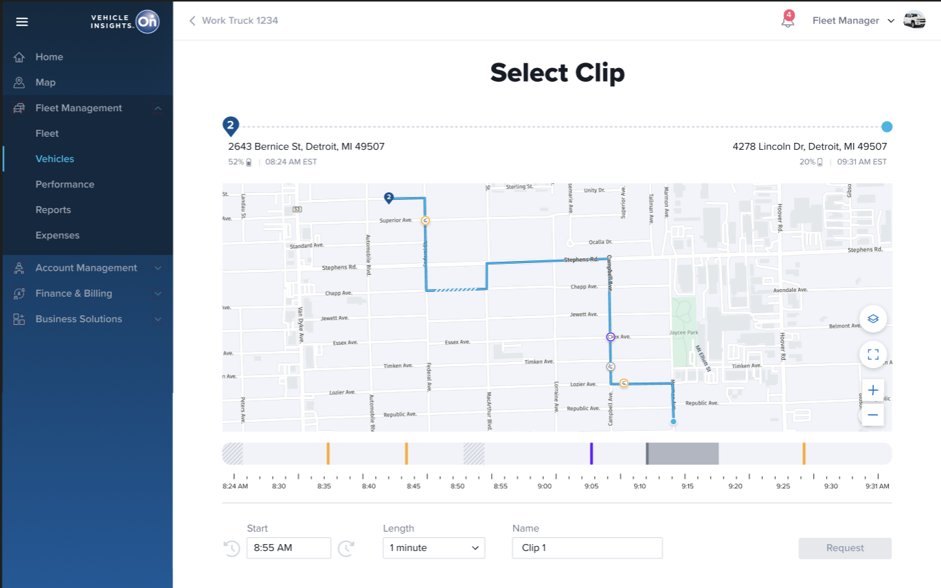 Select Clip screen with the trip timeline scrubber