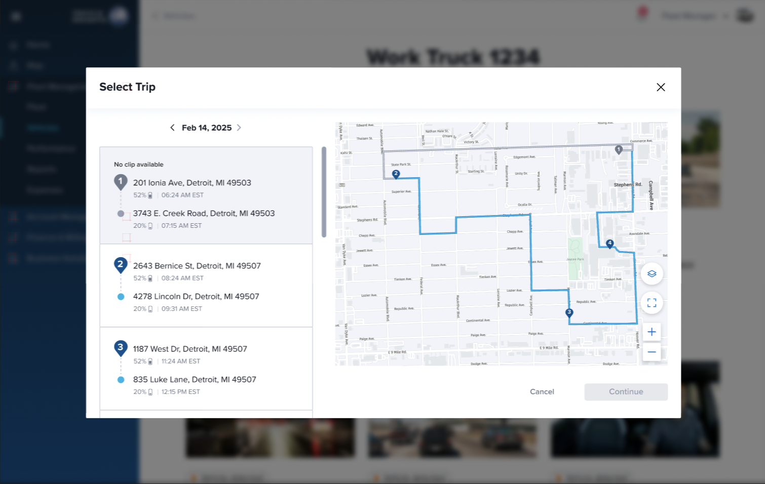 Select Trip modal showing a vehicle's trips for the day on a map