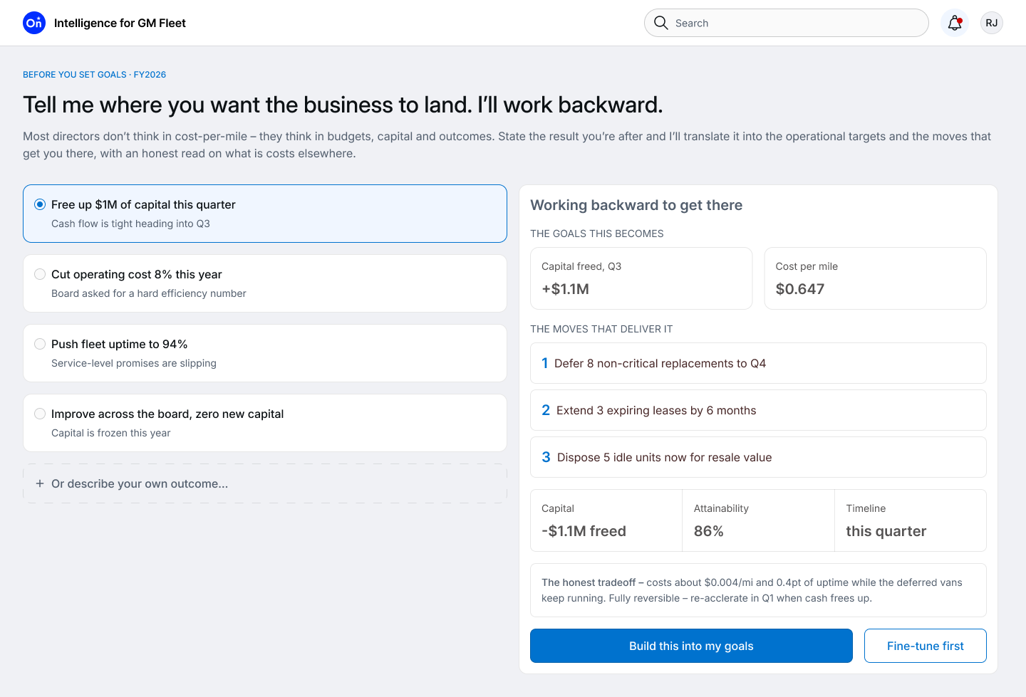 Tell me where you want the business to land screen, with goal options and the moves that deliver it
