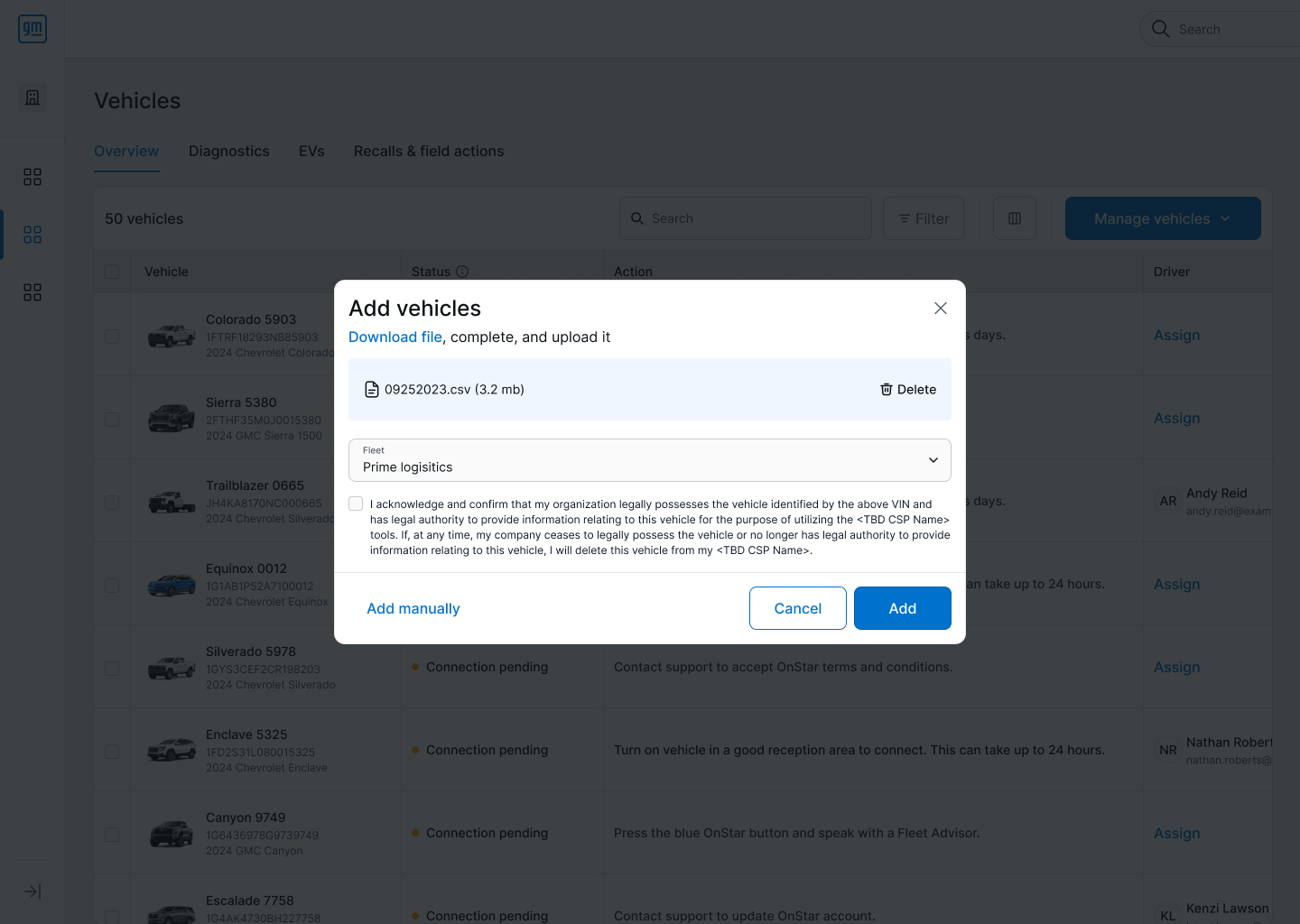 Add vehicles modal, file upload with a CSV file attached
