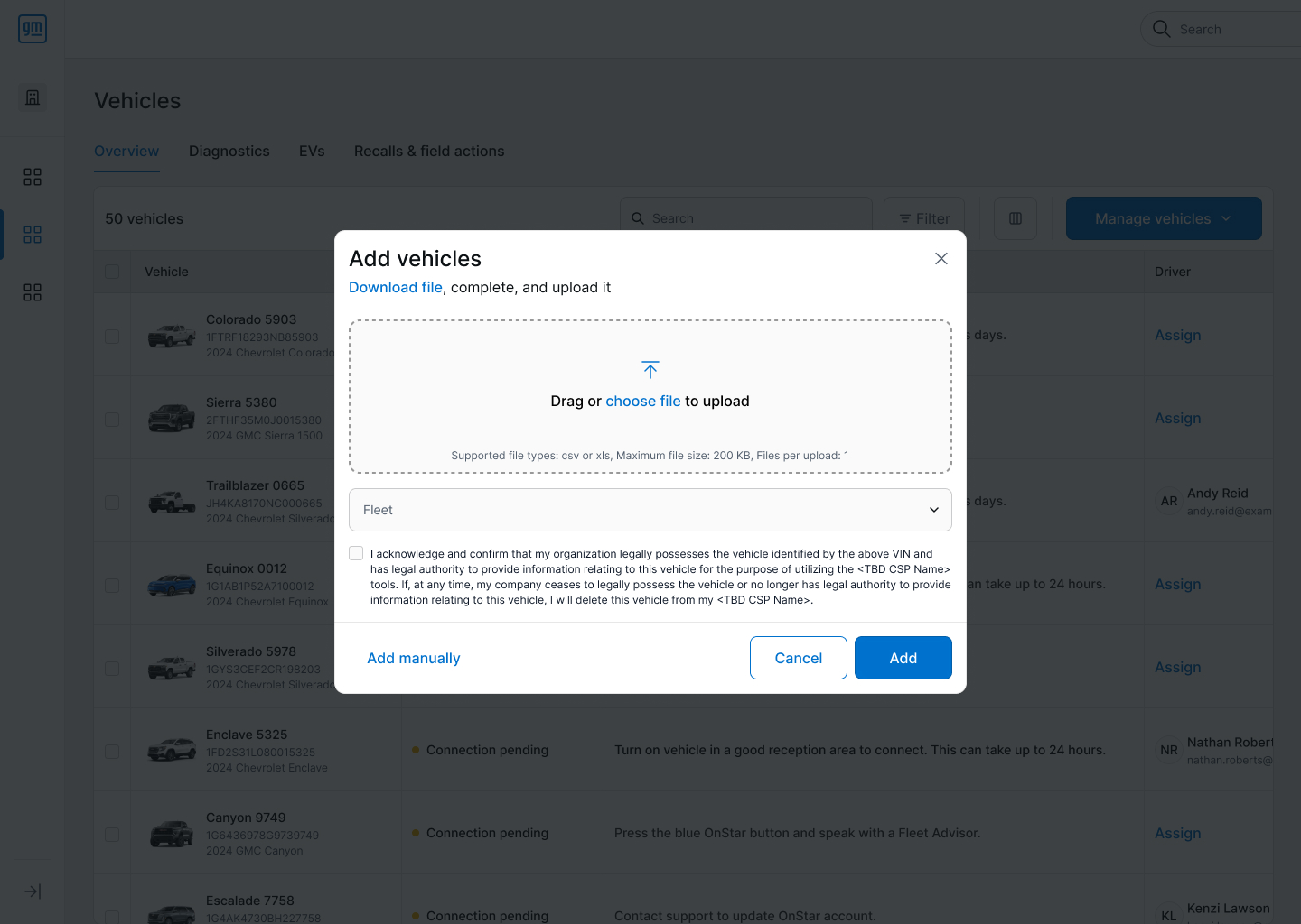 Add vehicles modal, file upload, empty