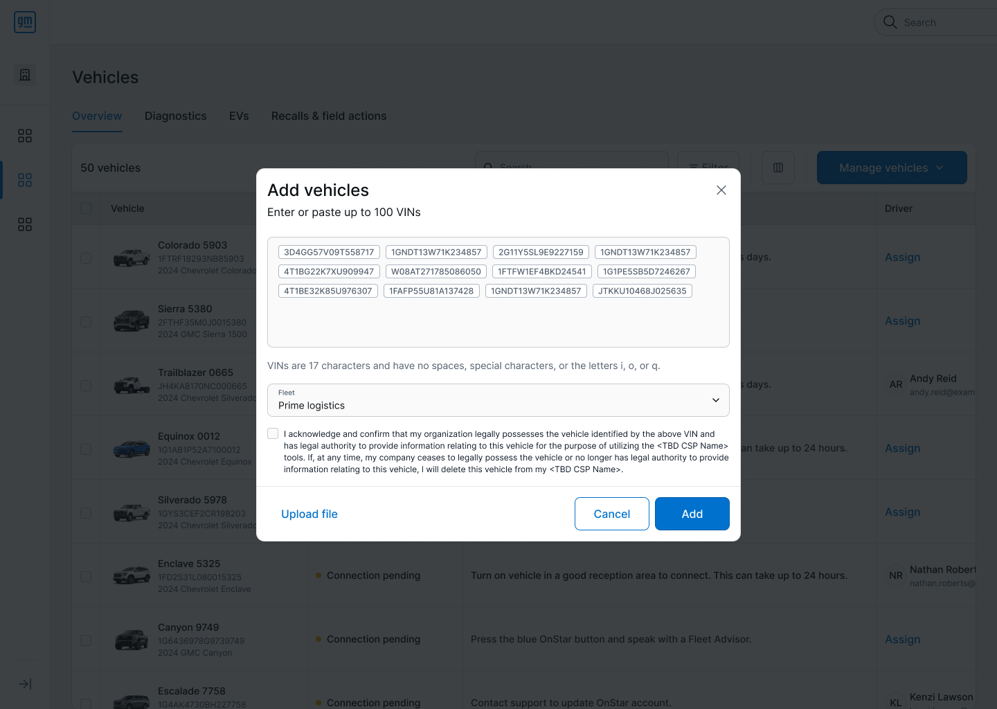 Add vehicles modal, manual VIN entry with VINs pasted in