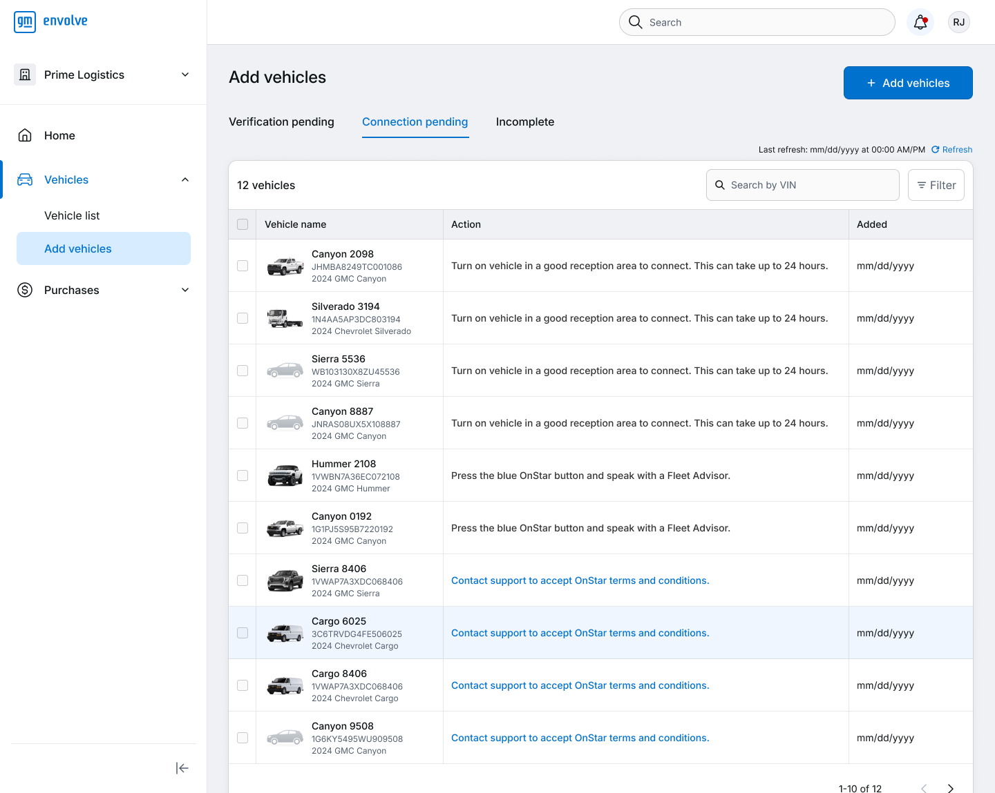 Old Add vehicles page, Connection pending tab