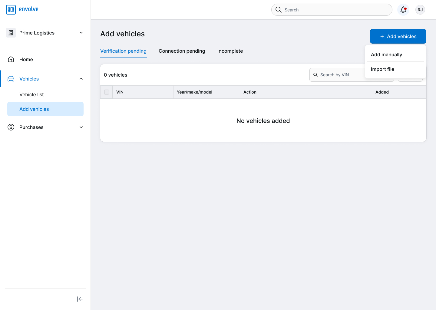 Old Add vehicles page, empty state with Add manually and Import file options