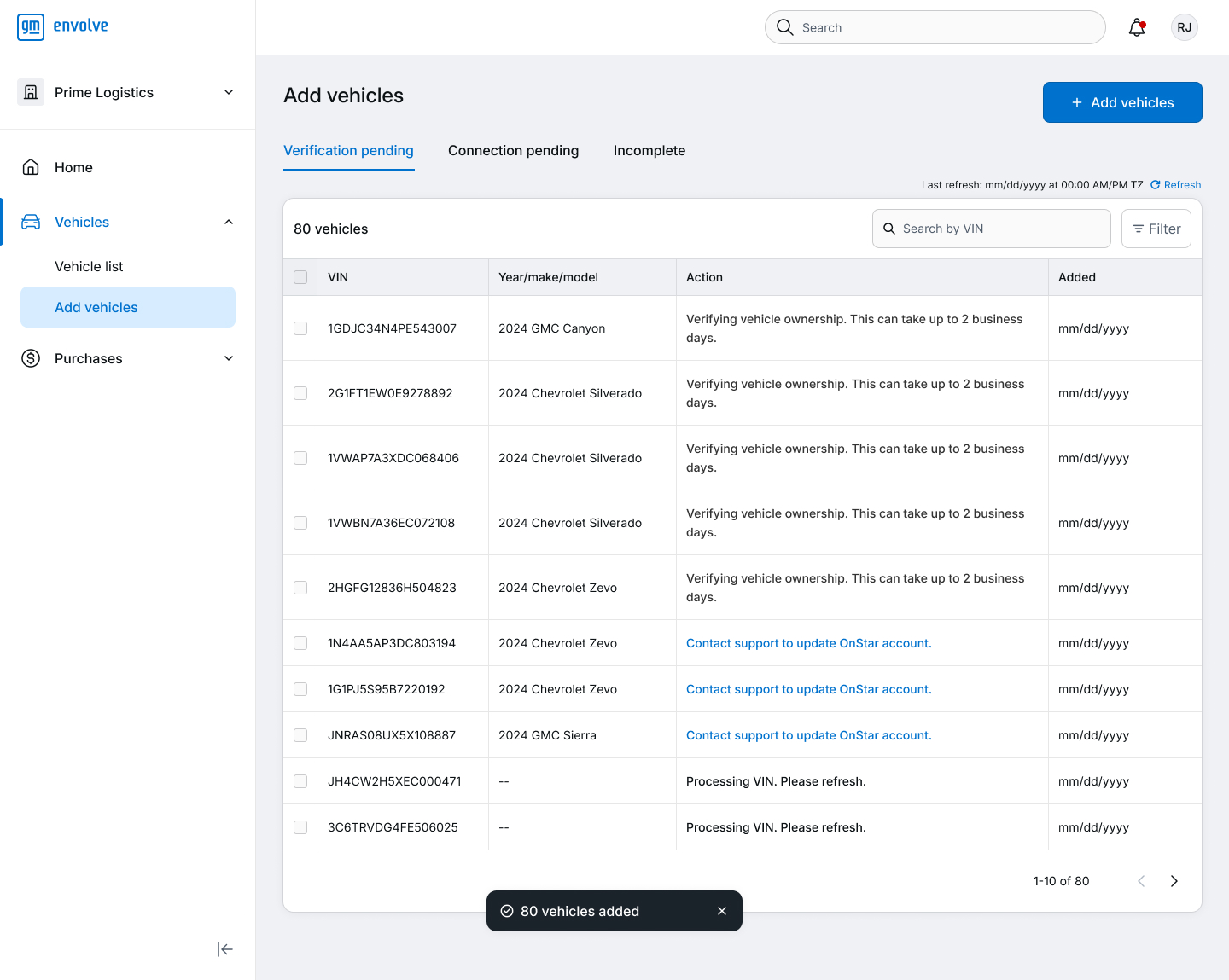 Old Add vehicles page, Verification pending tab