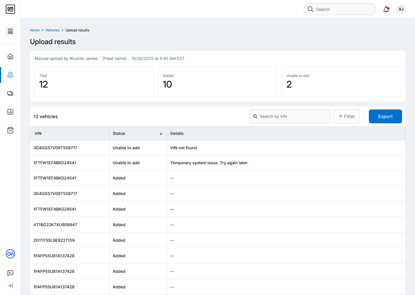 Upload results modal listing VINs unable to upload
