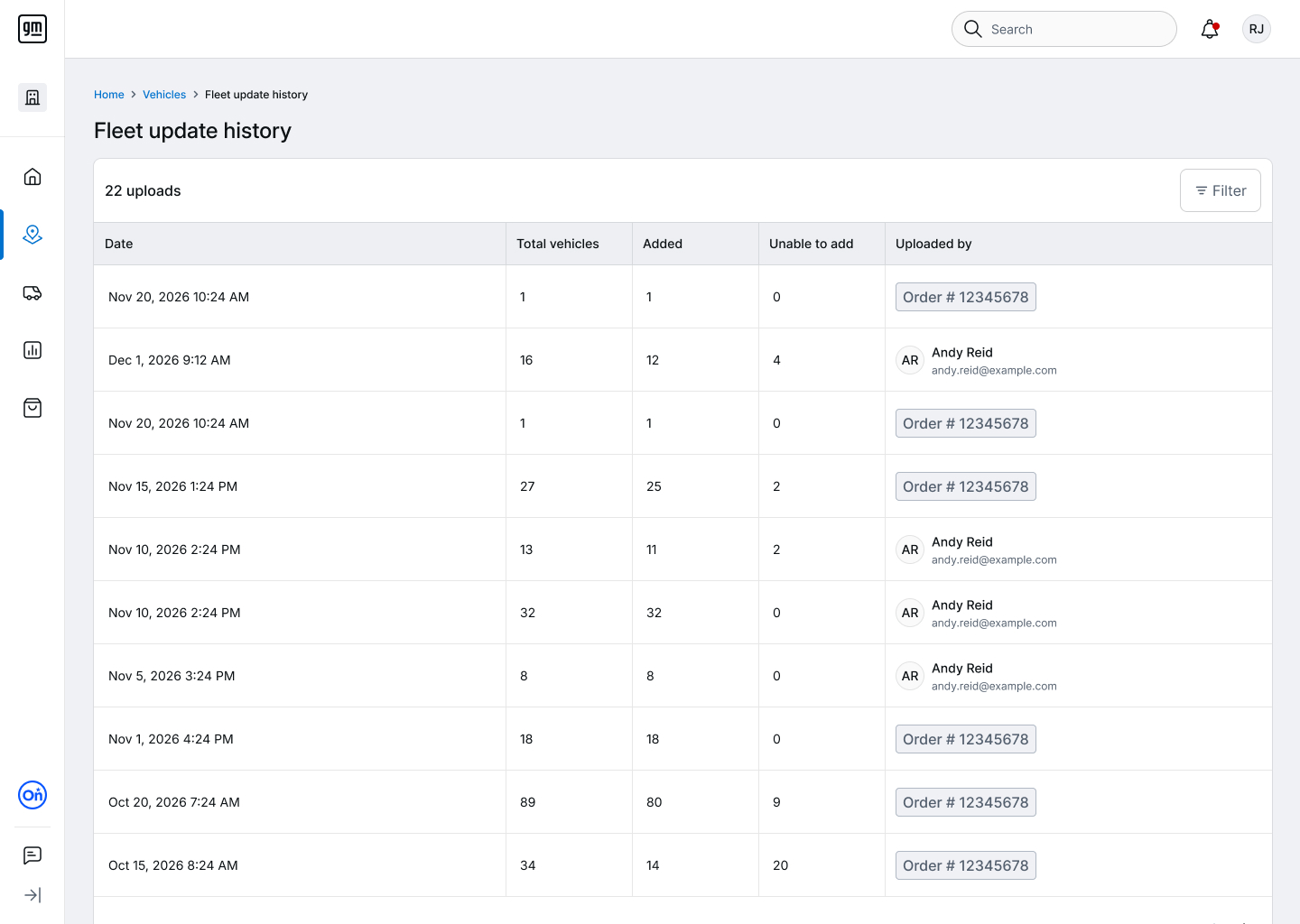 Fleet update history page listing past uploads