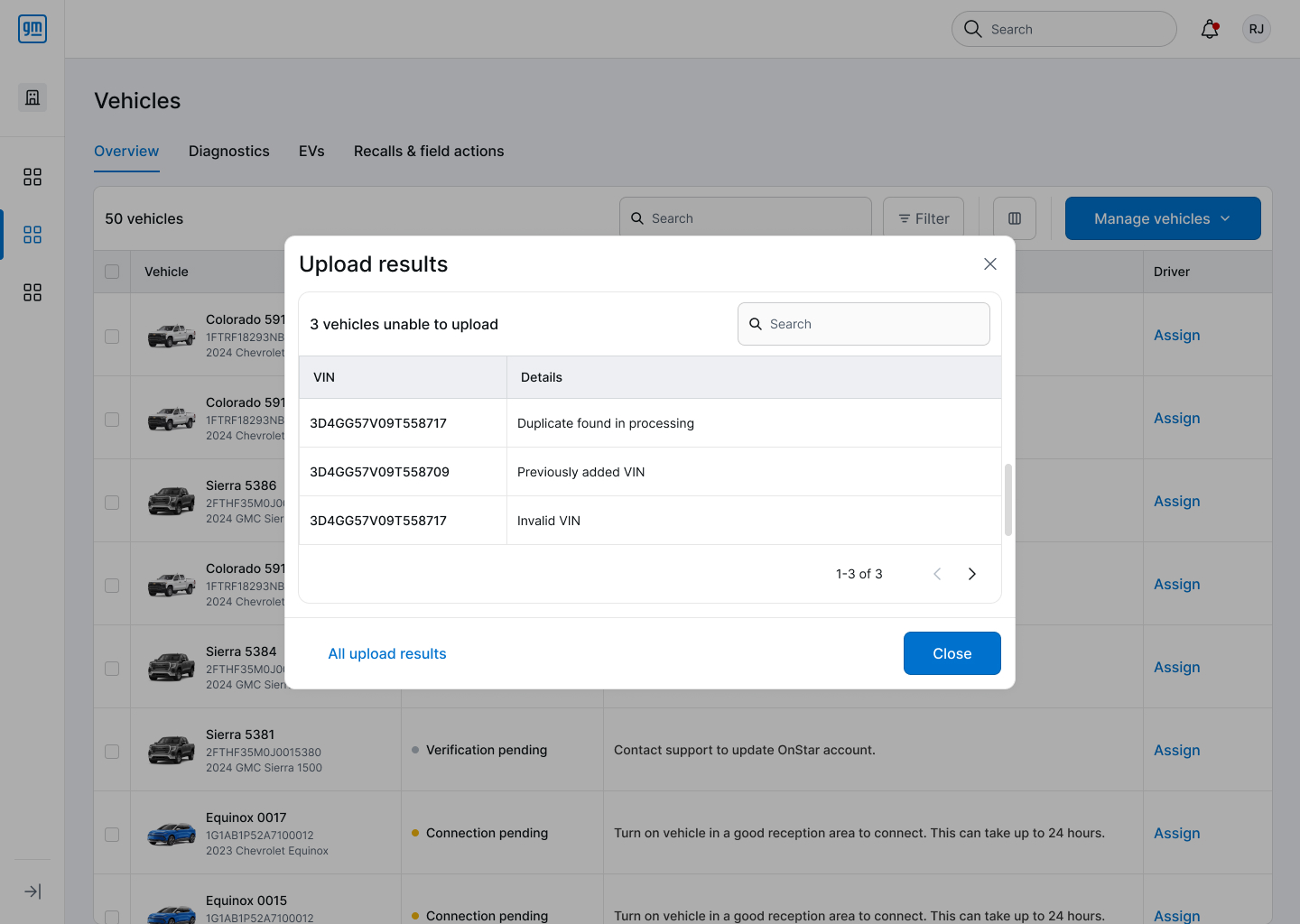 Upload results page with total, added, and unable-to-add counts