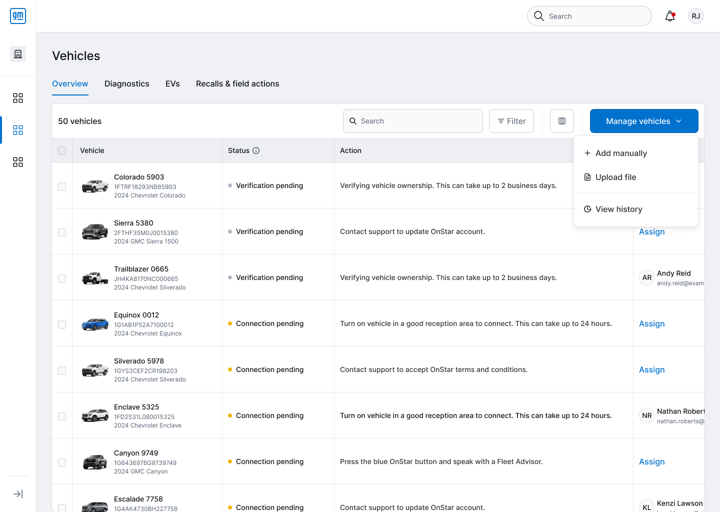 Vehicles list in the GM Fleet Platform with the Manage vehicles menu open